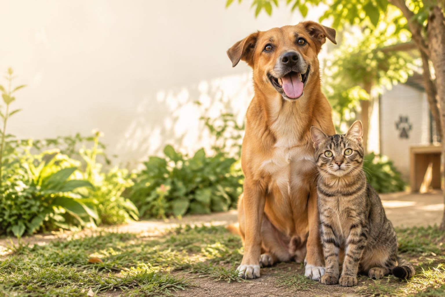 Cão e gato resgatados no jardim da ONG